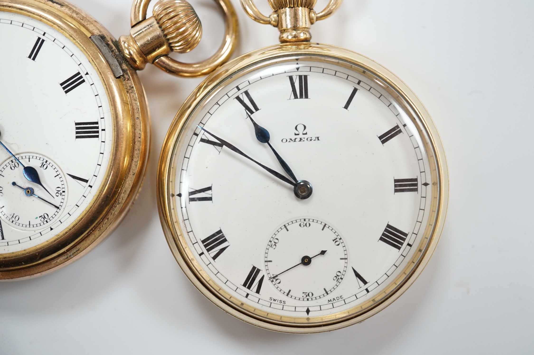 A gold plated Omega open faced pocket watch, with Roman dial and subsidiary seconds and a gold plated Waltham hunter pocket watch.